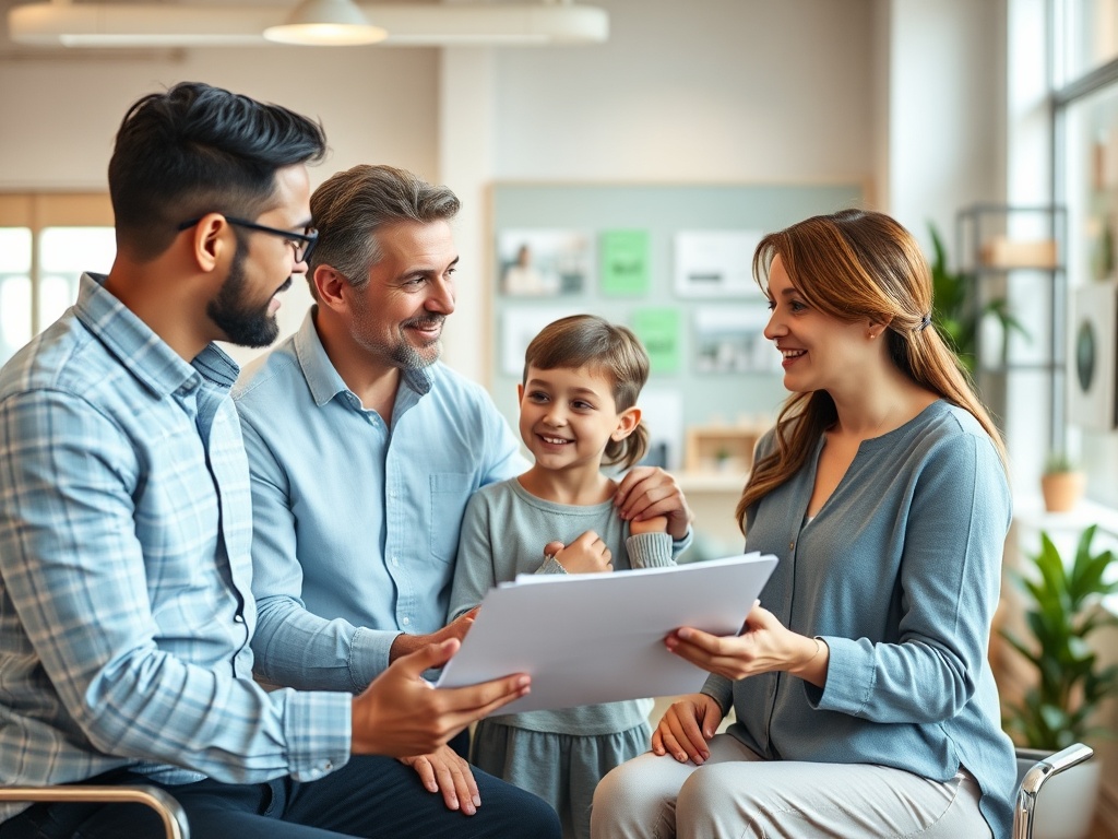 Четыре человека, включая женщину и девочку, обсуждают документы и улыбаются в светлом офисе.