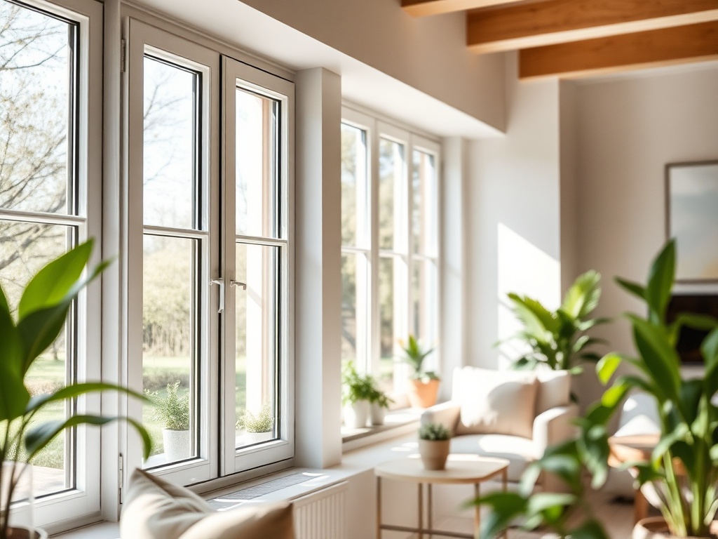 Уютная комната с большими окнами, зелеными растениями и мягкой мебелью, наполненная естественным светом.