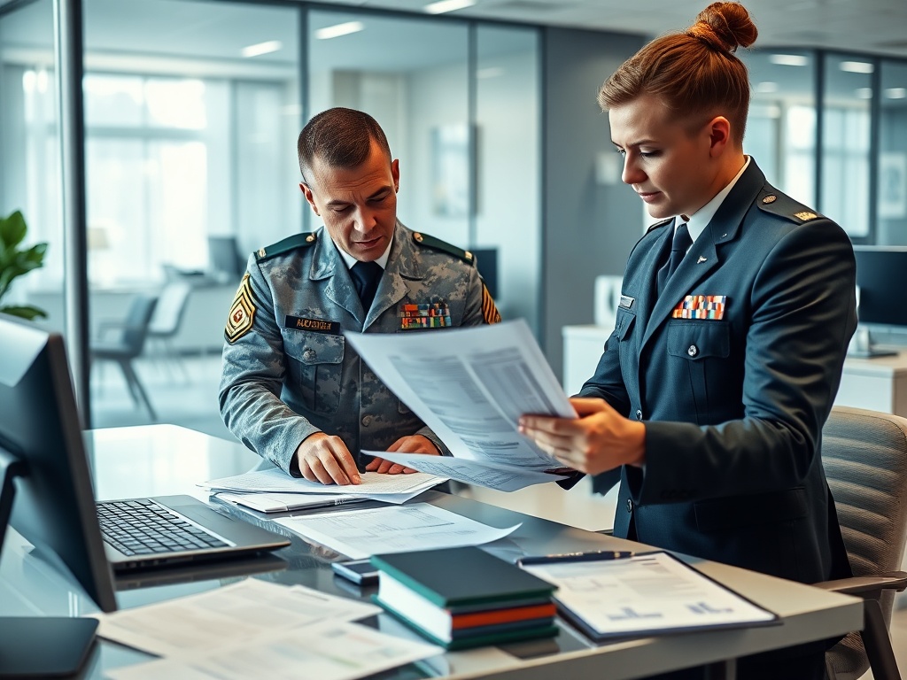Два военнослужащих обсуждают документы за столом в офисе. На столе бумаги и компьютеры.
