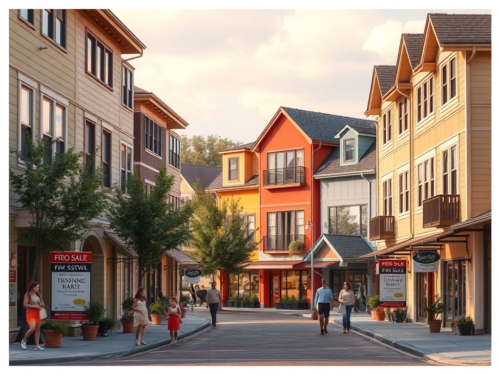 Уютная улица с домами и магазинами, люди гуляют и наслаждаются атмосферой. Солнечный день.