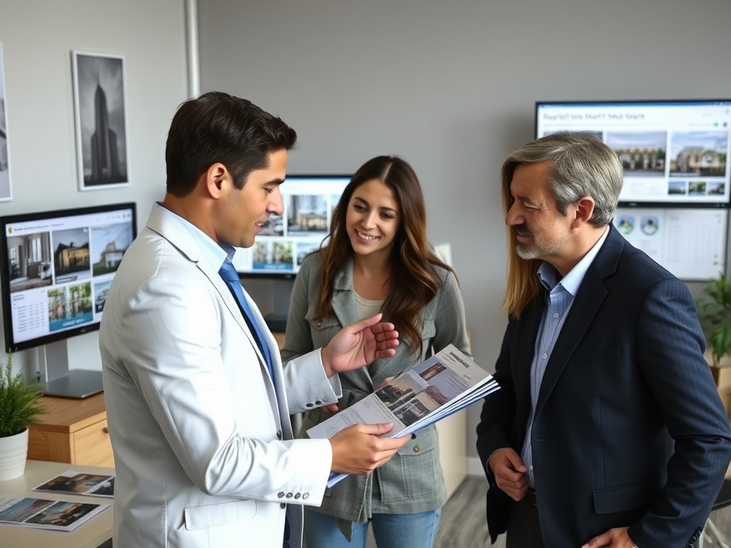 Трое людей обсуждают документы в офисе, на экранах компьютеров видны изображения зданий и отчетов.