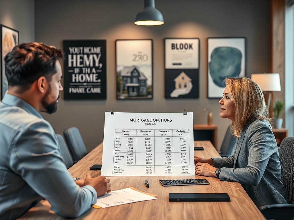 На встрече обсуждаются варианты ипотеки; на столе таблица с данными.