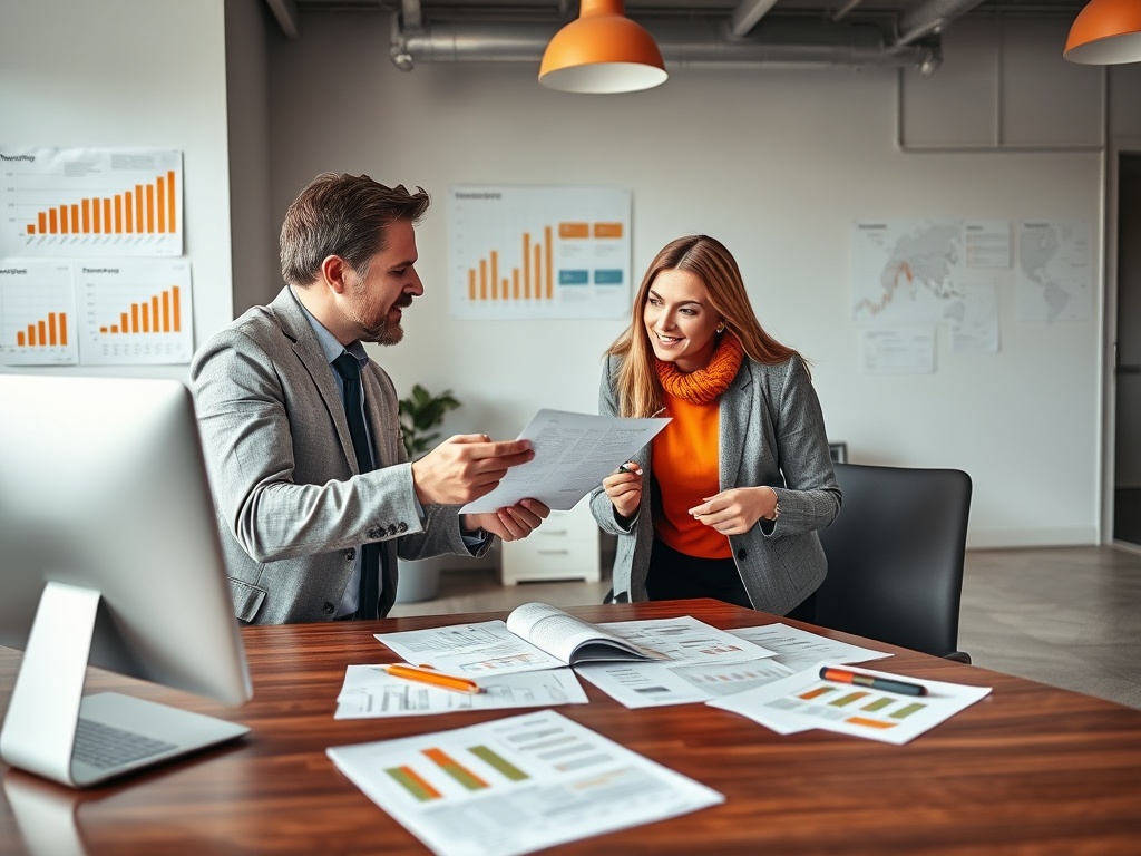 Два человека обсуждают документы в современном офисе, окруженные графиками и отчетами.
