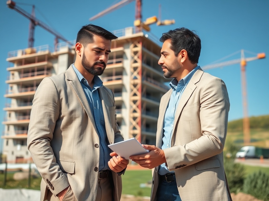 Два бизнесмена обсуждают проект строительства на фоне небоскрёба и строительных кранов.