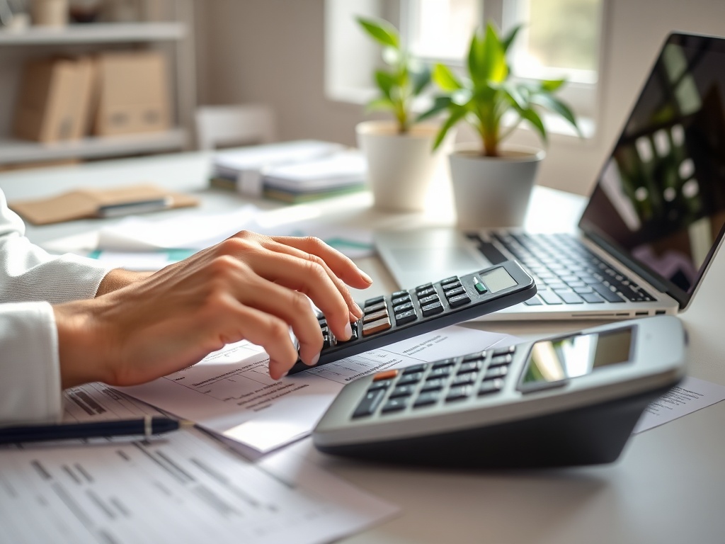 На столе расположены бумаги, калькулятор и ноутбук. Человек вводит данные на калькуляторе.