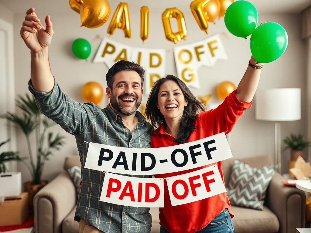 Счастливая пара празднует, держа транспарант с надписью "Погашено" на фоне украшений и воздушных шаров.